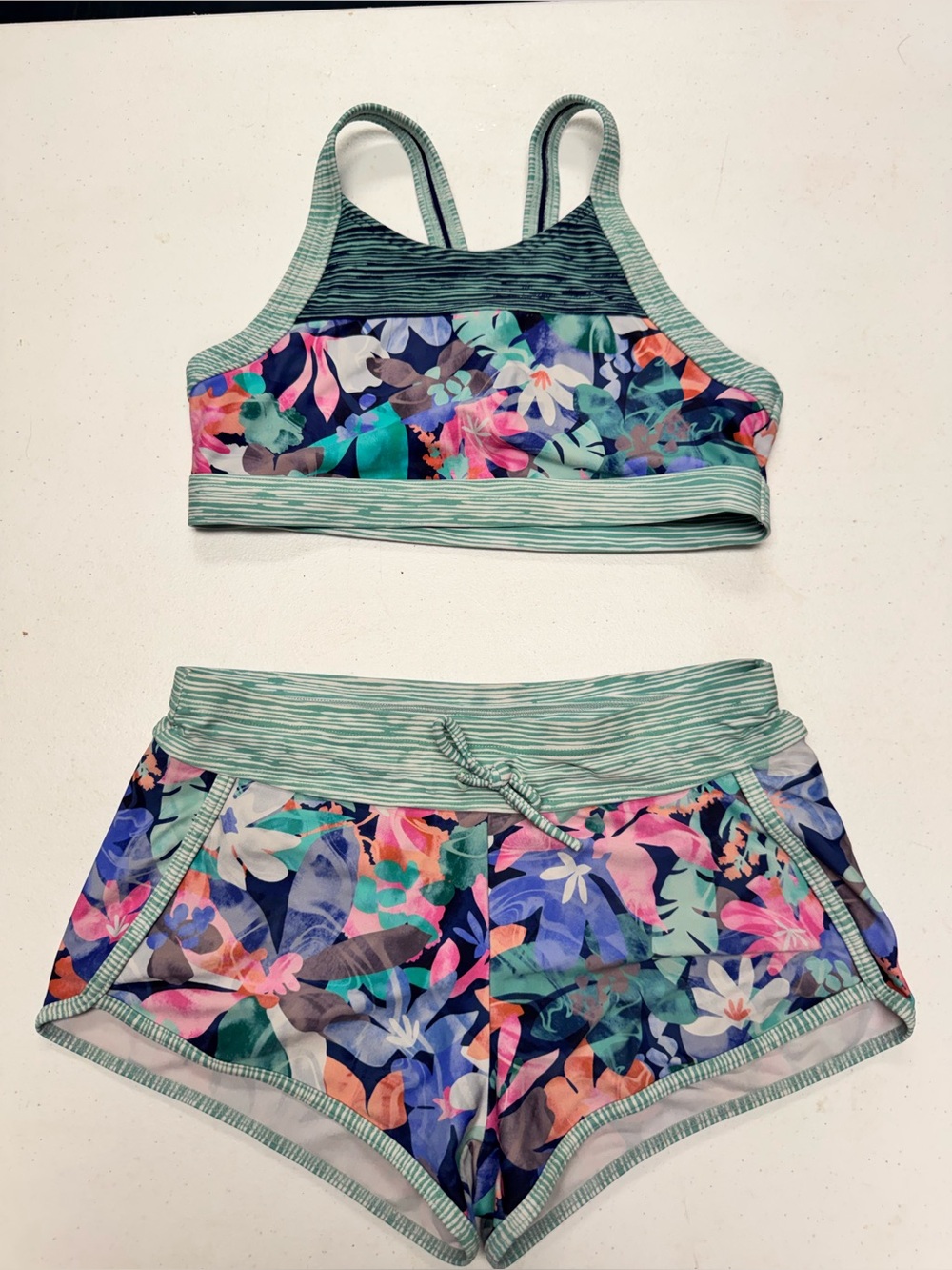 Athleta Girls Teal & Navy Floral Active Bikini Set, youth L (12)